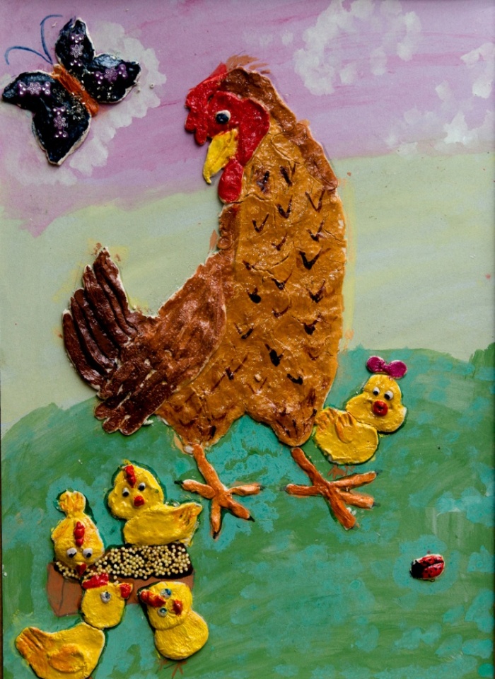 Никита Попыхов, 6 лет, «Курочка и цыплята», мукасолька
